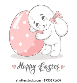 Ilustración de Pascua con huevo y conejo en colores delicados. Ilustración vectorial con letras con el deseo de Feliz Pascua. Se puede usar como postal o para la decoración.