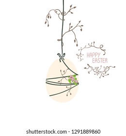 Easter illustration: the egg is suspended and wrapped with thin threads; on the threads grow flowers, twigs and leaves.