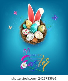 Easter illustration, eggs in a basket with a beautiful pattern, bunny ears, snowdrops flowers.