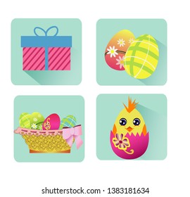 Easter illustration with eggs, chick, gift, Easter icons