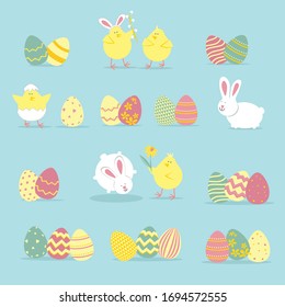 Ilustración de Semana Santa con huevos, conejos y pollos. Ilustración vectorial de festividad religiosa para afiche, volante. Feliz Pascua