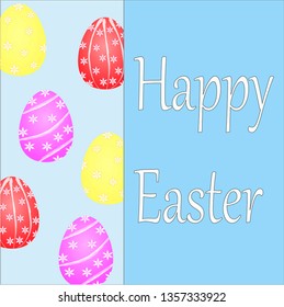 Easter illustration with eggs and text on a blue background.