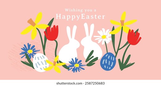 Easter illustration featuring colorful spring flowers, decorated eggs, and white silhouette rabbits in a cute, minimal flat design. Perfect for greeting cards, digital prints, and festive decor.