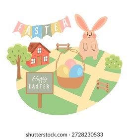 Сute Easter illustration featuring an egg-shaped isometric mini map with an Easter egg hunt scene. Inside the egg there is green grass with a small road, a cozy house, a tree, a fence and a big friendly bunny. In the center stands a large basket filled with Easter eggs, as if collected during the hunt. A billboard on the map displays the message “Happy Easter”. Playful details and a cheerful spring mood make this scene perfect for holiday greetings, seasonal promotions and festive designs