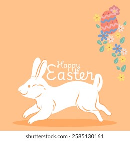 Easter illustration featuring a running white bunny, a decorated egg, flowers, and leaves on an orange background with the message happy easter