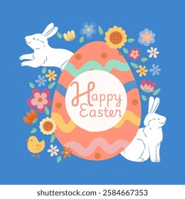 Easter illustration featuring two white bunnies, a chick, and a decorated egg surrounded by colorful flowers, conveying a festive and joyful easter greeting