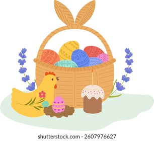 Easter illustration featuring a wicker basket filled with painted eggs, a hen, festive cake, and blooming lavender flowers. Cartoon style with smooth lines and vivid tones. White background. Suitable
