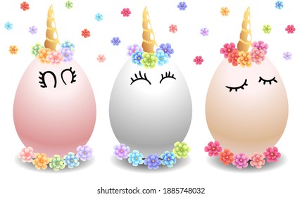 Easter illustration. Festive colored eggs. Easter egg unicorn in a wreath of flowers.