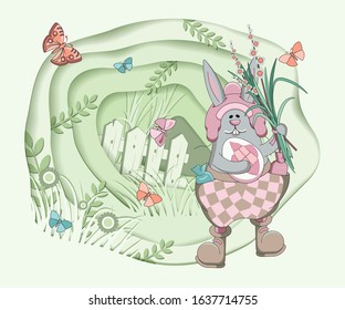 Easter illustration in a flat style. Colorful happy easter cards with religious holiday symbols on papercut background.