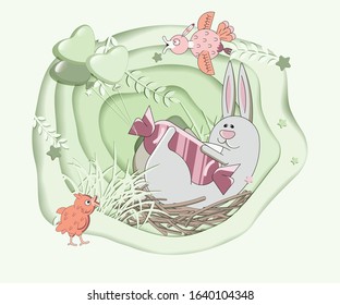 Easter illustration in a flat style. Colorful happy easter cards with religious holiday symbols on papercut background.