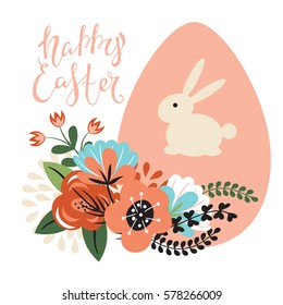 Easter illustration with flowers and egg with bunny silhouette in the background and hand-written inscription "Happy Easter" in vector.