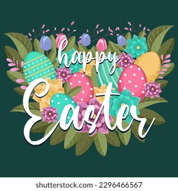 Easter illustration with flowers, Easter eggs , leaves, greeting inscription, happy Easter, background, banner, seasonal card, spring, Vector	

