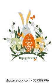 Easter illustration with flowers, eggs and rabbit
