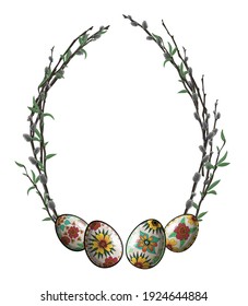 Ilustración de Pascua. Marco. Hay cuatro huevos de Pascua pintados y ramitas de sauce en los bordes. Hay un lugar para tu texto. Ilustración vectorial en el estilo de dibujos animados aislados en blanco 