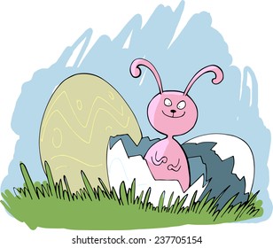 Easter illustration with funny bunny looking out of the huge egg