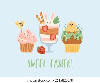 Easter illustration with funny sweets. Cupcake, cake, dessert with easter symbols. Vector design template.