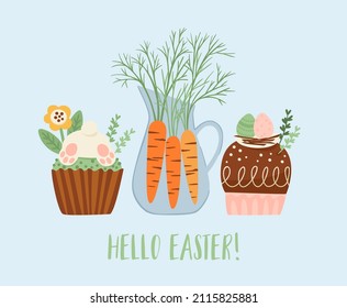 Ilustración de Pascua con dulces divertidos. Pastel, pastel, postre con símbolos de Pascua. Plantilla de diseño de vectores.