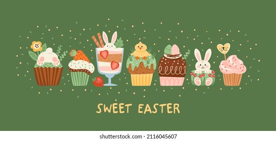 Easter Illustration With Funny Sweets. Cupcake, Cake, Dessert With Easter Symbols. Vector Design Template.