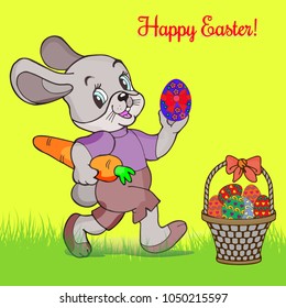Easter illustration. Gray hare with a carrot in hands holding an easter egg, and a basket with eggs on the grass, cartoon on a yellow background, vector