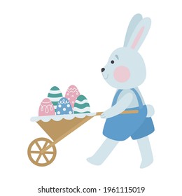 Easter illustration with a gray rabbit hiding eggs in a cart. Cute holiday decor design in pastel colors. Happy Easter, vector illustration with a cartoon character