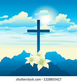 Easter illustration. Greeting card with cross and lilies. Religious symbol of faith.