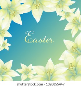 Easter illustration. Greeting card with lilies. Religious symbol of faith.