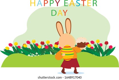 Easter illustration. Easter greeting with a rabbit, flowers, eggs, bread. Vector image, illustration.
