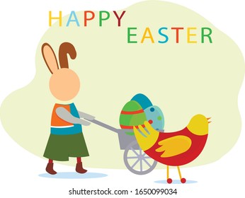 Easter illustration. Easter greeting with a rabbit, flowers, and a bun. Chicken, egg cart. Vector image, illustration.