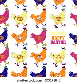 Easter illustration with hand drawn hens in seamless colorful pattern in Vector