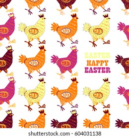Easter illustration with hand drawn hens in seamless colorful pattern in Vector