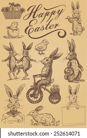 Easter illustration, Hand drawn of vintage rabbits and chicks, EPS 8, vector