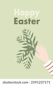 Easter illustration with a hand holding a bouquet of olive leaves and flowers and Happy Easter text on green background.