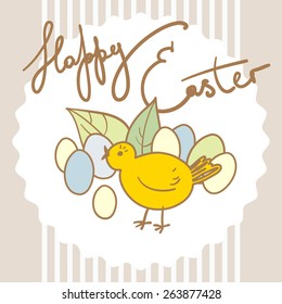 Easter illustration. Happy easter card in vector with cute chick and easter eggs.