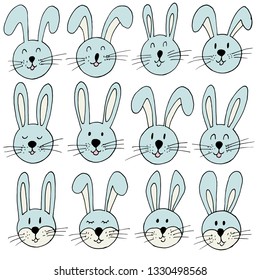Easter illustration. Happy Easter. Set of cute drawings, Easter bunny. A collection of images of hares. Pastel colors, blue and yellow