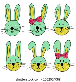 Easter illustration. Happy Easter. Set of cute drawings, Easter bunny. A collection of images of hares. Pastel green, red bows