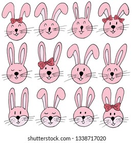 Easter illustration. Happy Easter. Set of cute drawings, Easter bunny. A collection of images of hares. Pastel colors, pink color