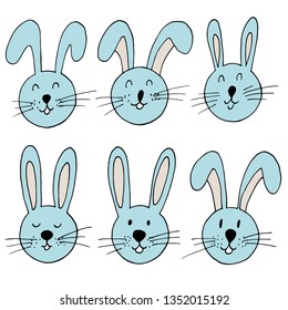 Easter illustration. Happy Easter. Set of cute drawings, Easter bunny. A collection of images of hares. Pastel colors, mint
