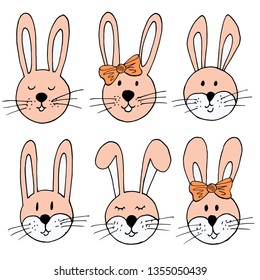 Easter illustration. Happy Easter. Set of cute drawings, Easter bunny. A collection of images of hares. Pastel apricot color, orange bows