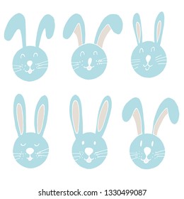 Easter illustration. Happy Easter. Set of hand drawings, Easter bunny. A collection of images of hares. Mint Pastel