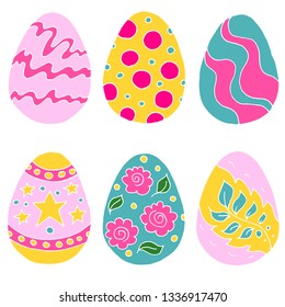 Easter illustration. Happy Easter. A set of hand drawings, Easter eggs. Collection of drawings without contour. Pink Yellow Palette