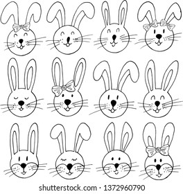 Easter illustration. Happy Easter. Set of hand draw, Easter bunny. A collection of images of hares. Outline drawing