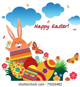 Easter illustration with the hare and eggs in the grass with butterflies and flowers and place for text.