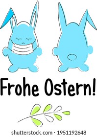 Easter illustration with an inscription in German Happy Easter! Above is an Easter bunny front view with a mask and back. Below is a spring twig. Ideal for poster, packaging. EPS 10.