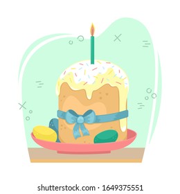 Easter illustration with a kulich and Easter eggs.