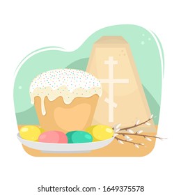 Easter illustration with a kulich, willow twigs and cottage cheese Easter.