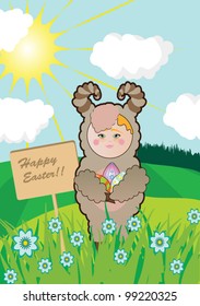 Easter illustration landscape with schip and eggs