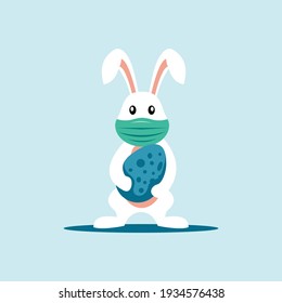 easter illustration of a masked bunny with eggs, happy easter cartoon.