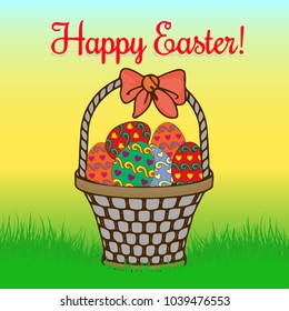 Easter illustration, Multi-colored Easter eggs decorated in a pattern of hearts, in a basket with a bow, on a green grass, cartoon on a gradient background, vector