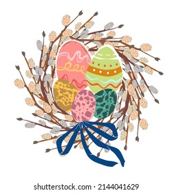 Ilustración de Pascua. Ramas de sauce con huevos de Pascua. Vector, estilo de dibujos animados