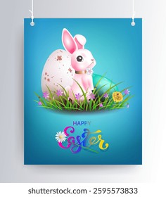 Easter illustration on pendants, bunny and eggs in grass with flowers.
